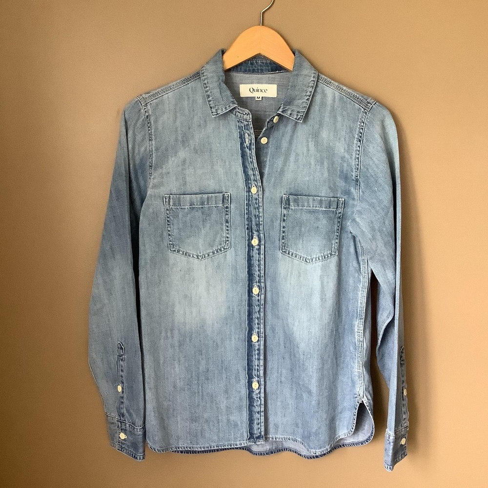 Quince distressed denim medium button down shirt